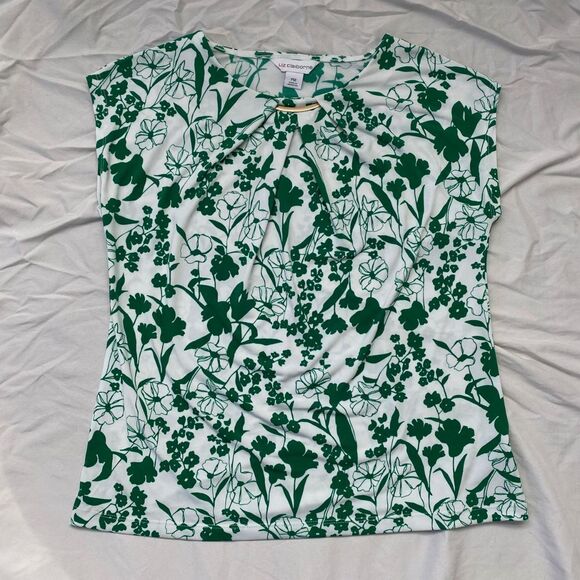 Liz Claiborne Early 2000's Whimsical White Green Gold Metal Neck Floral Blouse M - Picture 4 of 5
